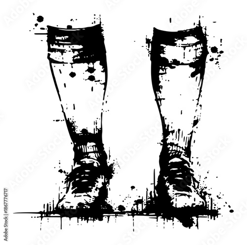 Silhouette of athlete legs with soccer socks and shoes in ink splatter style