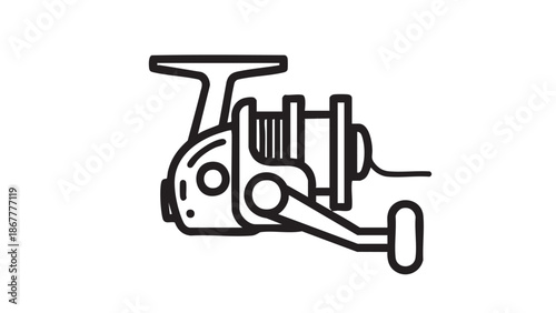 Simple black and white illustration of a fishing reel on a white background