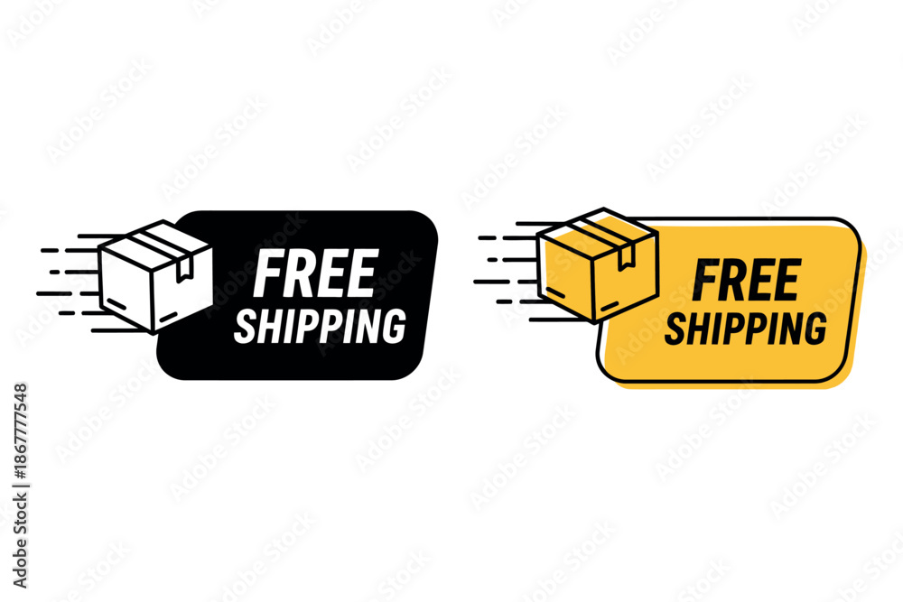Obraz premium Free shipping labels with boxes on black and yellow backgrounds