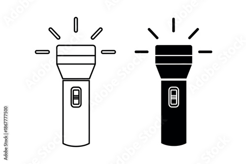 Two flashlights with beams of light on white background