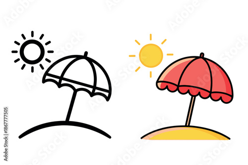 Colorful beach umbrellas and suns illustration on white background