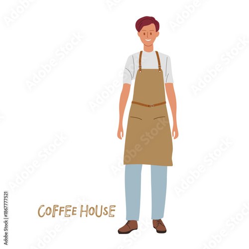 Woman brown hair wearing brown apron over white shirt and blue pants smiling. Smiling Barista and Coffee House hand lettering sign for cafe, restaurant, cafe, hospitality. Girl work in coffee house