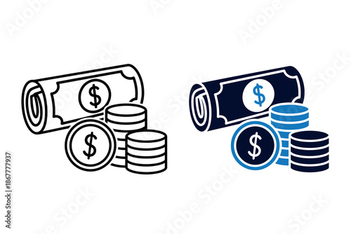 Colorful illustration of money and coins in different shades and styles