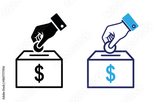 Hands putting money into two donation boxes with dollar signs
