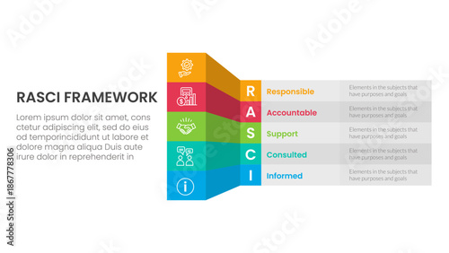 RASCI framework infographic template banner with creative box table shadow 3d style with 5 point list information for slide presentation