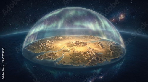 Earth covered by a firmament or dome with aurora borealis, representing the creation of the world in Genesis. Biblical origin story and ancient cosmology concept.