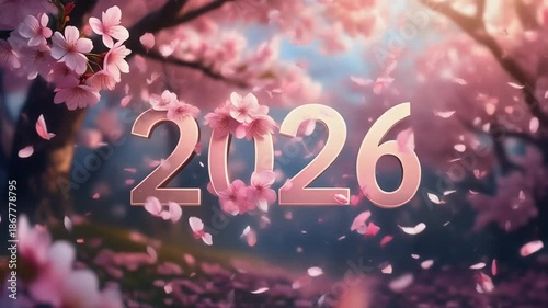Year 2026 displayed amidst blossoming cherry branches