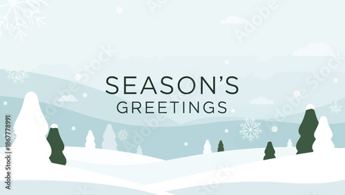 Stylized winter landscape with falling snowflakes and evergreen trees, perfect for a Season's Greetings card or holiday banner design