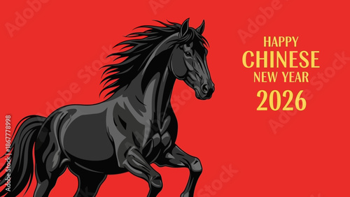 Black Horse illustration celebrating happy Chinese New Year 2026