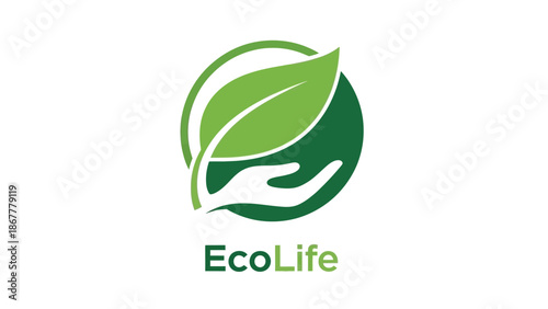 Elegant eco-friendly logo design featuring a lush green leaf protected by a gentle hand, representing sustainable life, nature's care, and a balanced future