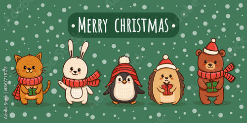 Cute cartoon animals. Christmas Illustration for design, banners, children's books and patterns. Teddy Bear, penguin, bunny, cat and hedgehog with gift. Vector illustration