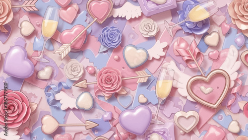 Charming romantic pastel background pattern featuring delicate hearts, blooming roses, and festive champagne flutes, perfect for elegant love celebrations