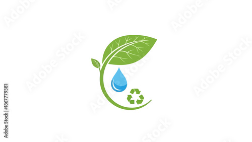 Symbolic Eco Design Fresh Green Leaf, Pure Water Drop, and Recycling Icon United for Environmental Protection and Sustainable Future
