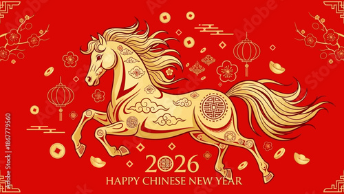 Happy Chinese New Year 2026 Horse Celebration Red Festive Background
