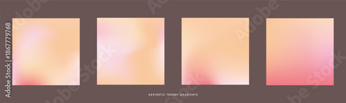   Abstract bright peach and pink gradient background. Yellow, orange and red color gradients. Set of 4 square vector aura poster. Fuzz and soft bg for banner, social media, beauty and wedding design