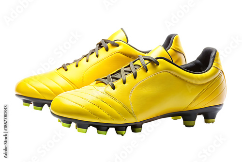 Yellow soccer cleats with black and green details isolated on a transparent background shoes sports