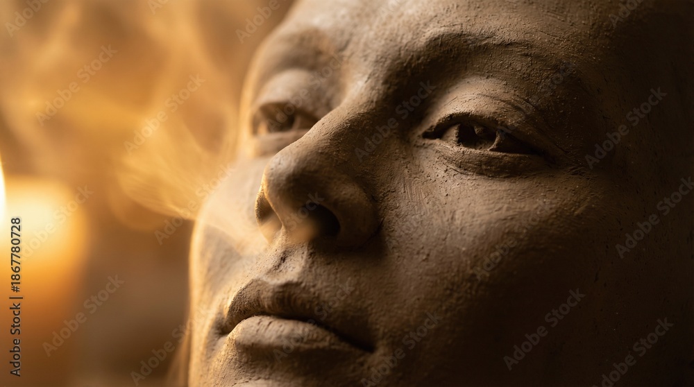 Obraz premium Close up of a clay face sculpture with smoke rising from the nose, symbolizing the breath of life in the creation story.