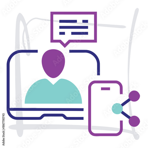 User communication concept with person on laptop sharing content on mobile phone network