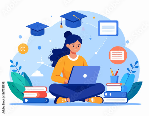 A young woman sits surrounded by books and graduation caps, working on a laptop in a serene environment with educational elements floating around her.