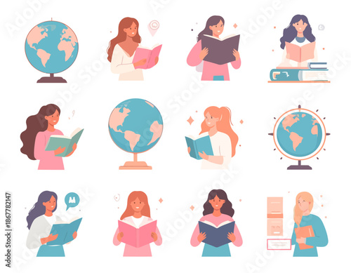 Illustrative compilation of diverse women reading books, symbolizing education, knowledge, and intellectual growth. These vibrant visuals depict the joy of learning and global awareness
