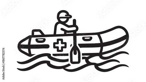 A simple line drawing of a small boat with oars on a white background