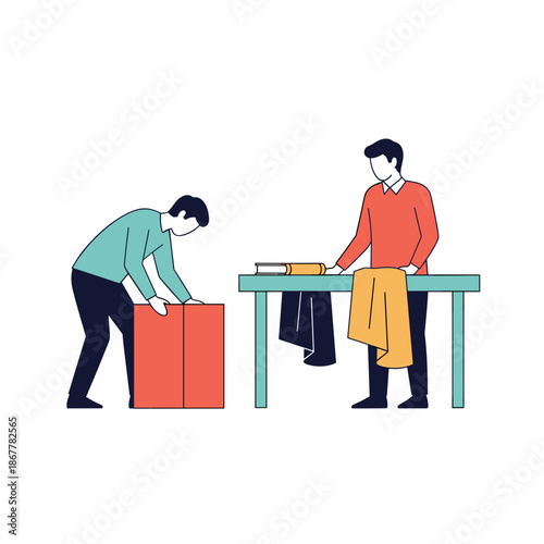 Volunteers organizing clothes and items at table for indoor rummage sales illustration