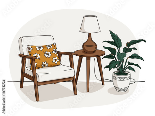 Cozy furniture corner with armchair lamp and plant for indoor rummage sales illustration