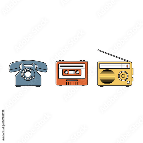 Colorful second-hand electronics icon set in retro style for indoor rummage sales