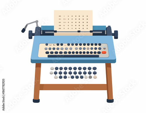 Classic blue vintage typewriter illustration with paper, symbolizing past communication and creative writing, an antique office machine