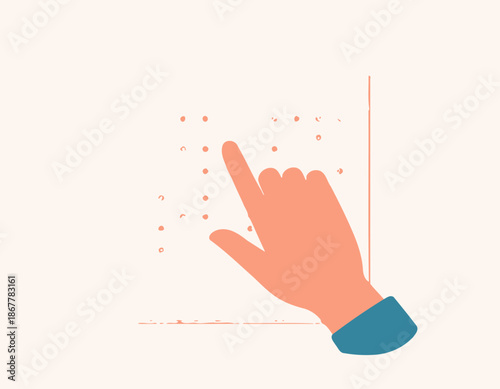 Finger touching a screen, interacting with a digital interface or application on a minimalist background