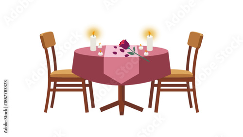 A romantic dining table setup with candles and chairs, creating an intimate and elegant atmosphere