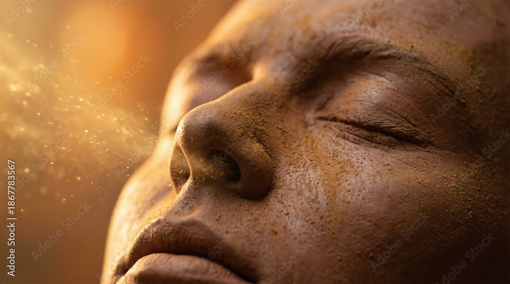 Obraz premium Close up of a mans face made of clay, with dust particles swirling around his nose. Concept of the breath of life and creation of man from dust, for religious or spiritual content.
