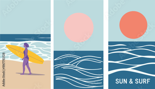 Summer beach surf poster collection with flat illustration of woman carrying surfboard, ocean waves at sunset, sun and surf retro aesthetic vertical banners.