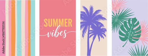 Summer vibes greeting card set with tropical palm tree silhouettes, colorful stripes, monstera leaf patterns, pastel vacation backgrounds, seasonal beach travel posters, vectors