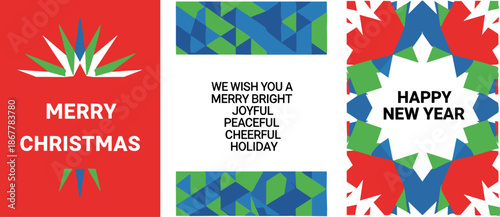 Set of Merry Christmas greeting cards with festive illustrations of pine branches, red poinsettia, gingerbread man, decorated tree, and winter holiday ornaments, creative seasonal banners.