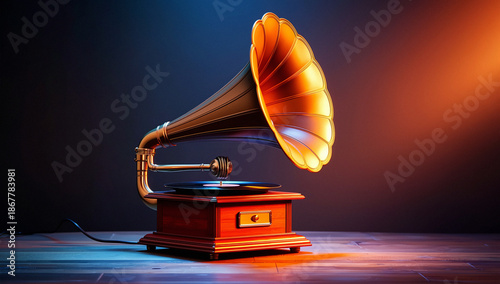 Vintage Gramophone with Horn and Record on Wooden Surface