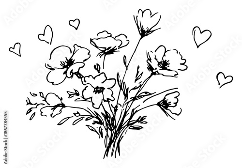 Black and white sketch of flower bouquet and floating hearts