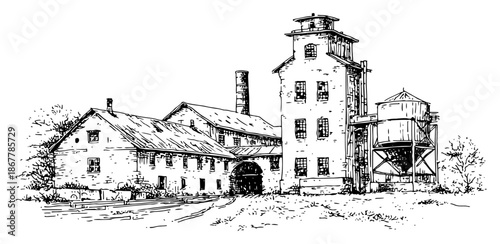 Vintage architectural sketch of an old factory mill with chimney and tall silo tower