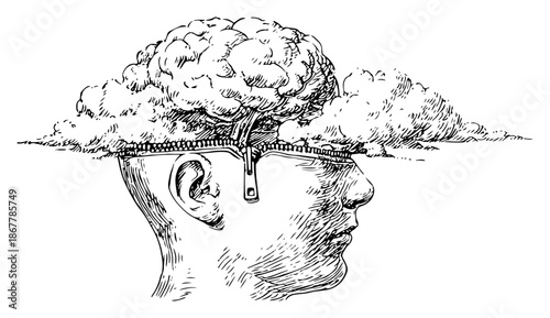 Surreal human head with zipper opening to reveal brain made of clouds