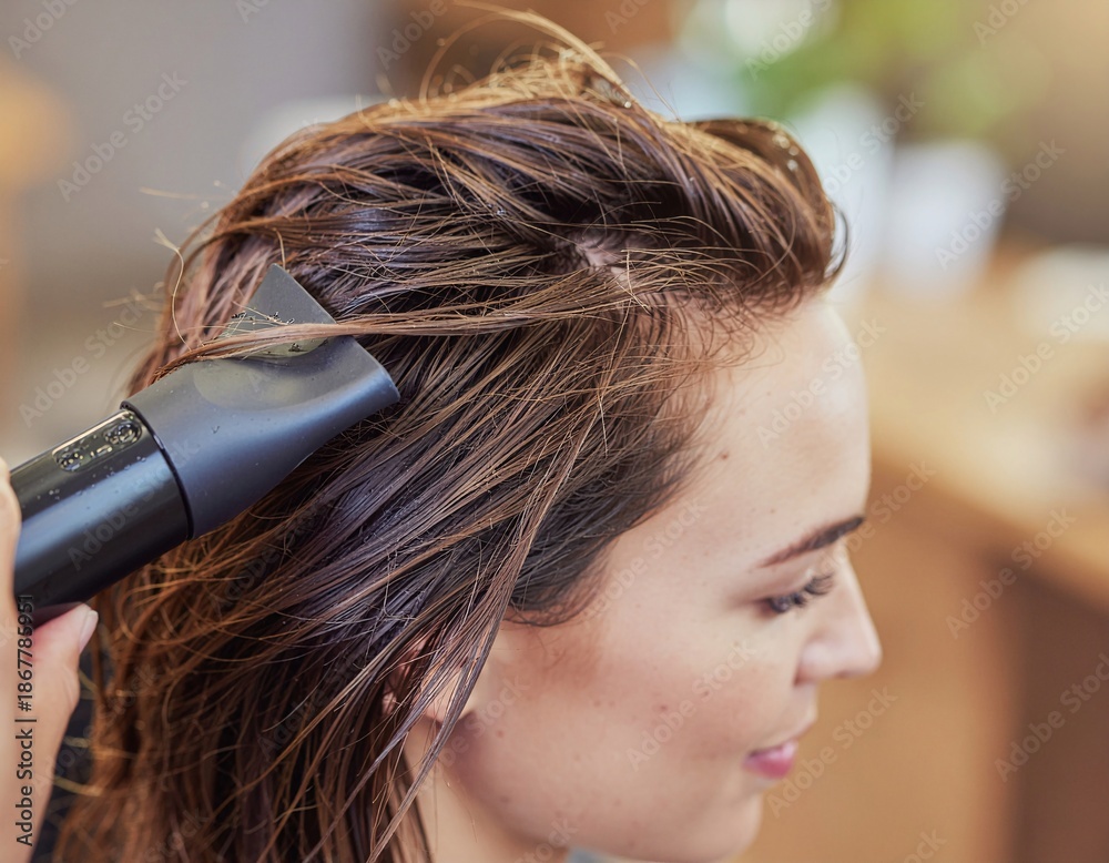 Fototapeta premium Hair care routine Expert hairstylist blow-drying a woman's wet hair in a salon, creating a fresh look