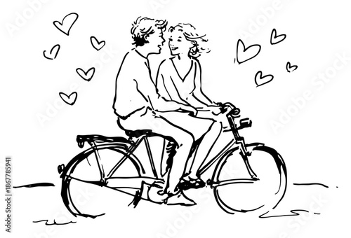 Happy young couple riding bicycle together surrounded by floating hearts