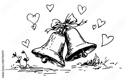 Wedding bells with ribbon bow and floating hearts sketch