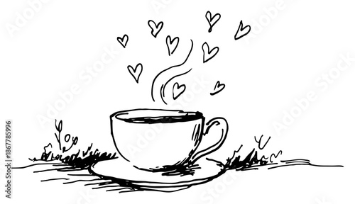 Hand drawn sketch of hot coffee cup with heart shaped steam