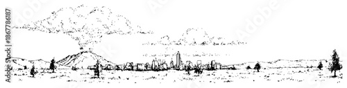 Panoramic landscape sketch with mountain and distant city skyline