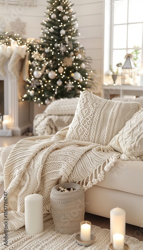 Cozy winter holiday scene showcasing a warm blanket, soothing tea, and a tranquil indoor atmosphere
