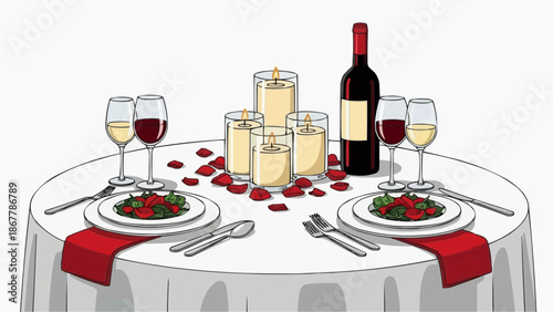 Romantic dinner table setting for two with wine, candles, and rose petals