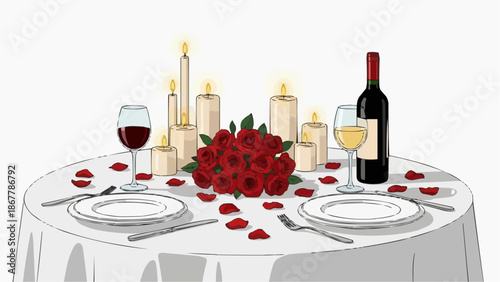 Romantic dinner table setting with wine, roses, and candles illustration