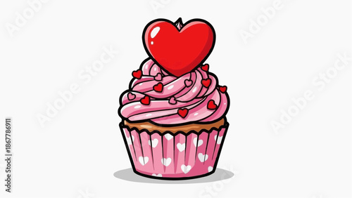 Cute cartoon cupcake with pink frosting and red heart topper