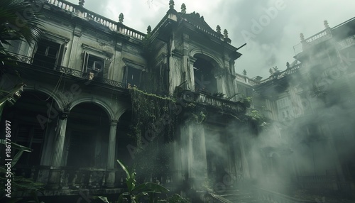 Haunting abandoned mansion shrouded in fog and overgrown vines, evoking cinematic horror vibes