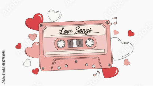 Hand drawn pink cassette tape labeled love songs with hearts